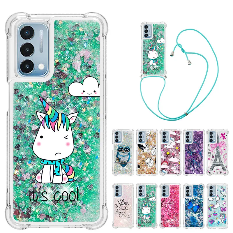 

Strap Lanyard Cartoon Phone Case For Oneplus Nord N200 5G TPU Soft Glitter Liquid Back Cover for One plus Nord N200 5G Funda