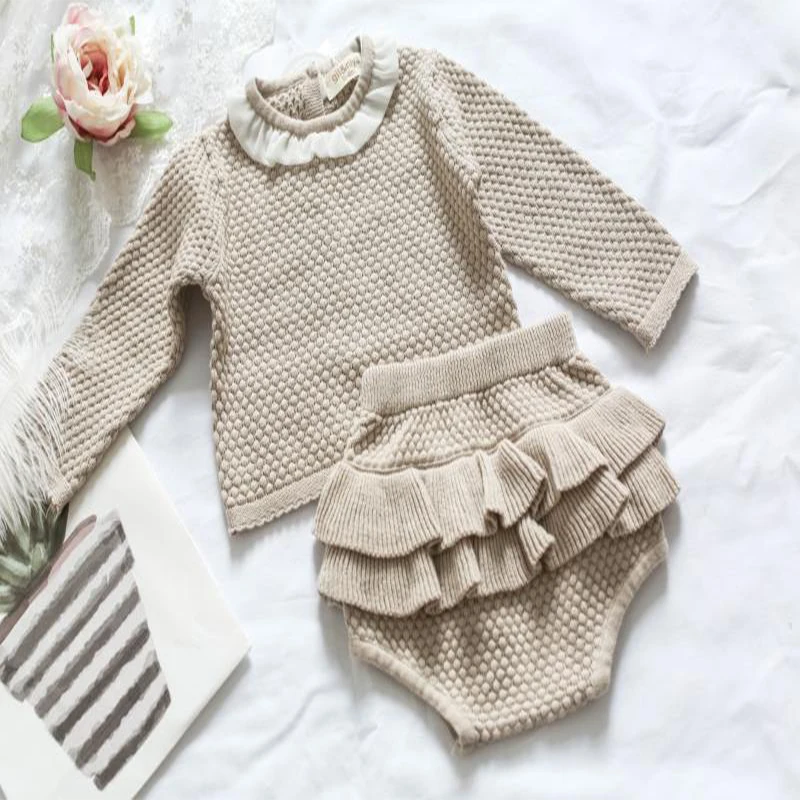 

Baby Knit Set Baby knitted Suit Sets Cotton Baby Long Sleeve Blouse + Lotus Leaf Shorts Baby Clothing Set 0-2Y