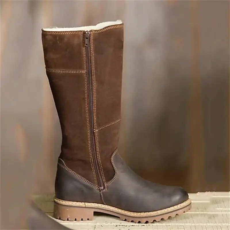 New Boots Women Leather Flock Winter Plush Warm Kneel High Boots Luxry Ladies Patchwork Flat Shoes Casual Female Snow Boots