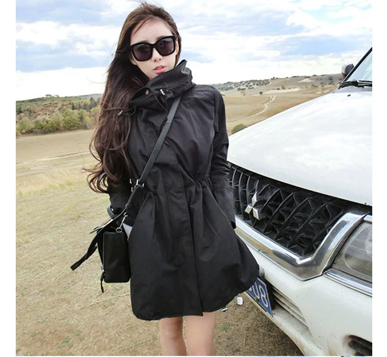 

2022 spring and autumn new black coat women's medium and long windbreaker waterproof wind resistant leisure version with cotton