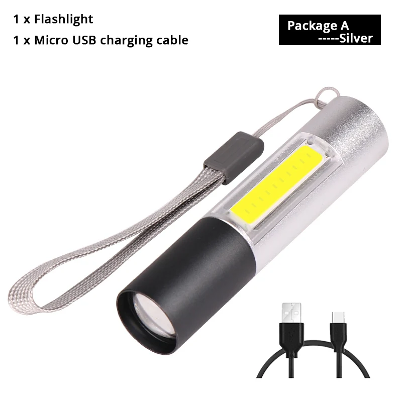 Package A-Silver Мини светодиодный фонарик USB Перезаряжаемый с COB боковым фонариком 3 режима Поддержка зум открытый кемпинг свет с Бесплатный usb-кабель - Испускаемый цвет: Package A-Silver