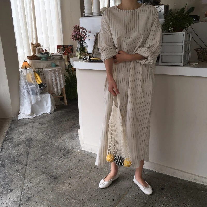 Корейское женское хлопковое свободное платье в полоску Макси летнее с длинным