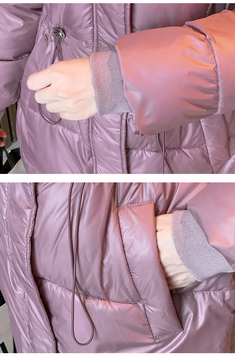 

Women Medium Long Winter Jacket Loose Glossy Drawstring Hooded Down Jacket Oversize Cotton Padded Parkas Casaco Feminino L998