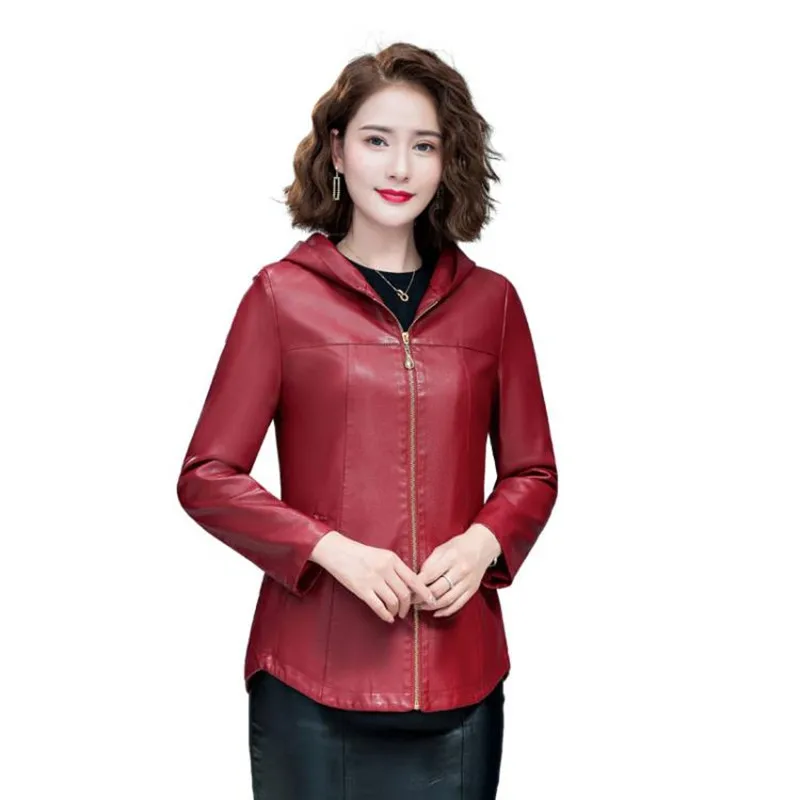 

New Womens Black Elegant Hooded Leather Jackets Ladies Slim Soft Sheepskin Leather Coat Plus Size 5XL Female Clothing Outerwear