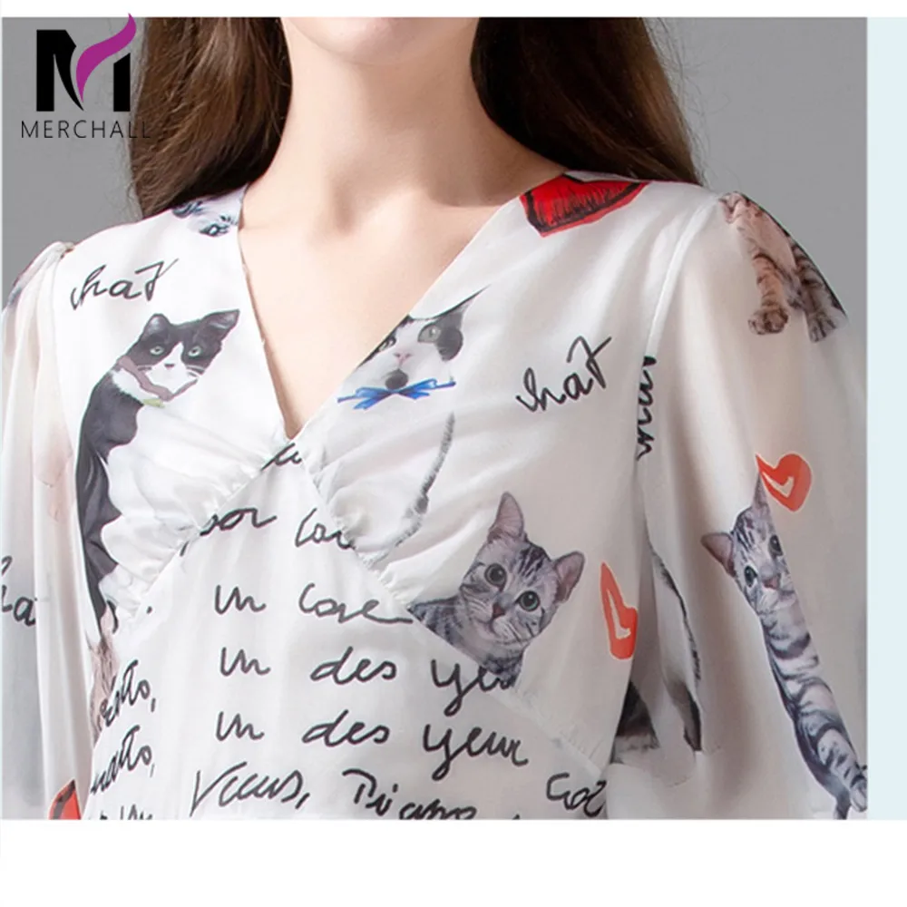 

Merhcall 2020 Summer Spring Runway Maxi Dress High Quality Chiffon Long DressFlare Sleeve Casual Cat Letter Print Vestidos