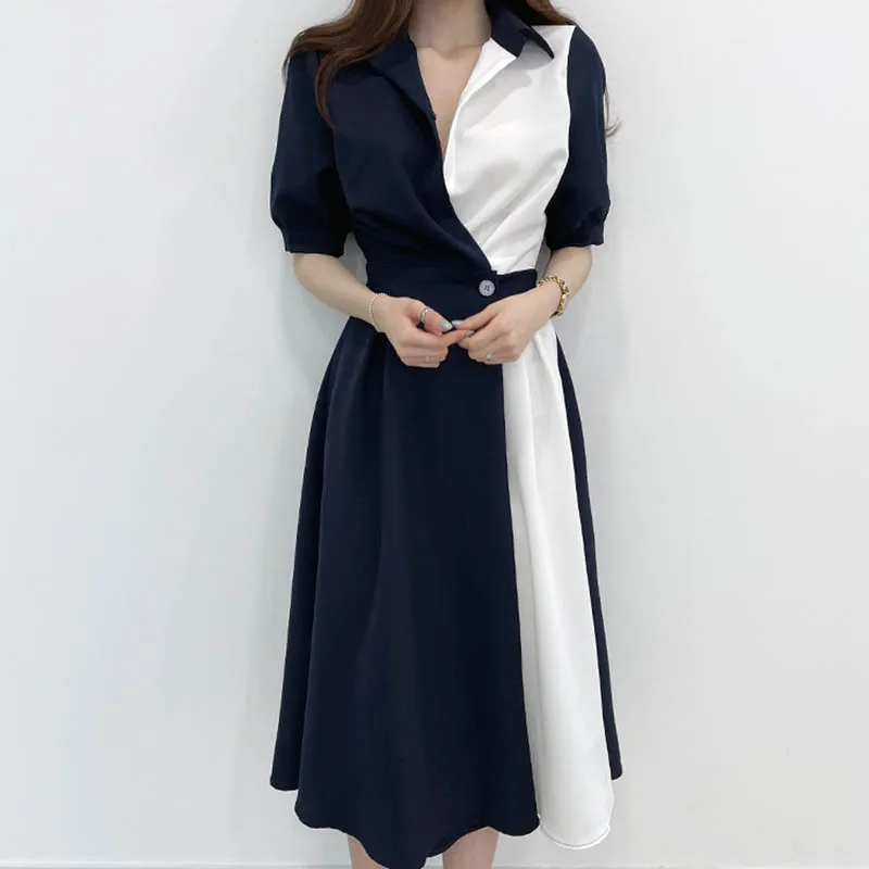 

White Stitching Dress Women Elegant One Button Design Sense Waist Contrast Shirt Dress Office Casual Maix Dress Summer 2021 New