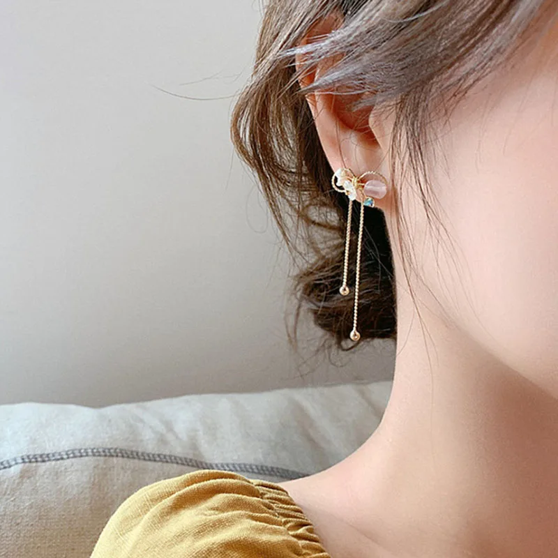 

Korean S925 silver needle Tianren STONE EARRINGS PENDANT HANDMADE bow Vintage Pearl Shell Earrings Flower Tassel Earrings