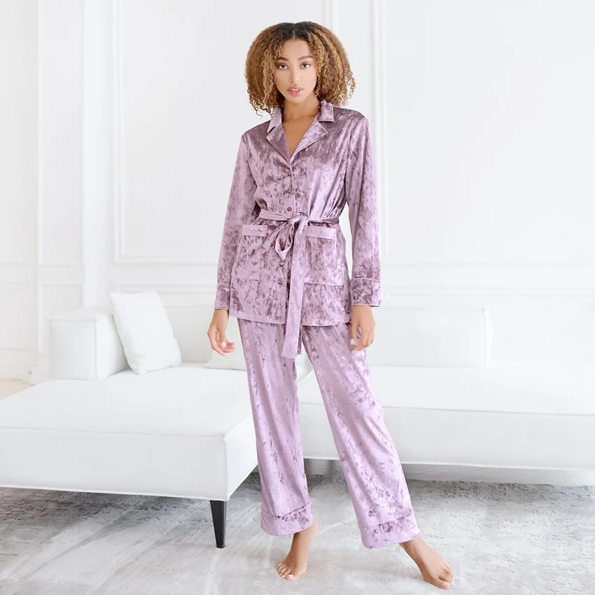 

Hiloc Double Pockets Velour Trouser Suits Fashion Long Sleeve Sleepwear Winter Purple Female Set Home Suit For Women Pajama Warm