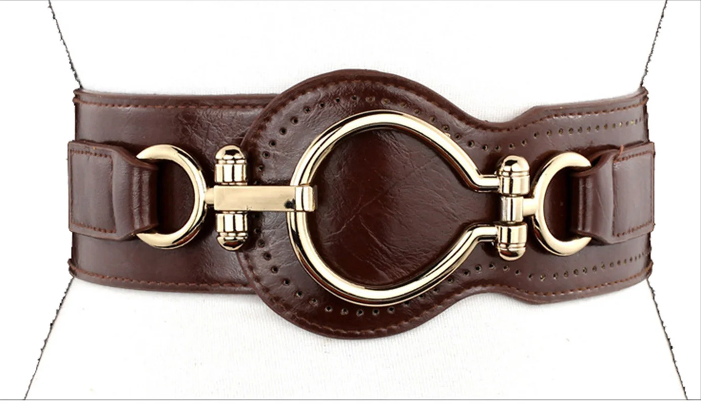 

Fashion Women's Leather Gold Metal Buckle Wide Strap Elastic Cummerbund Female Belt Cow Skin Waist Wide