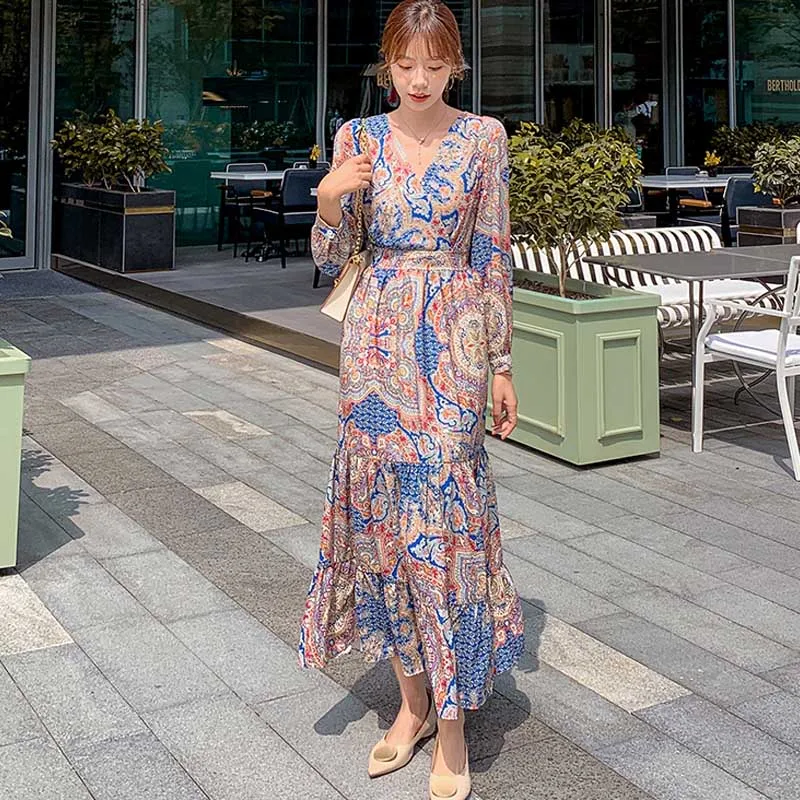 

Vintage Floral Boho Maxi Dress Women Chiffon 2021 Spring Autumn Elegant Long Sleeve Dress One-Piece Ladies Fashion Korean Dress