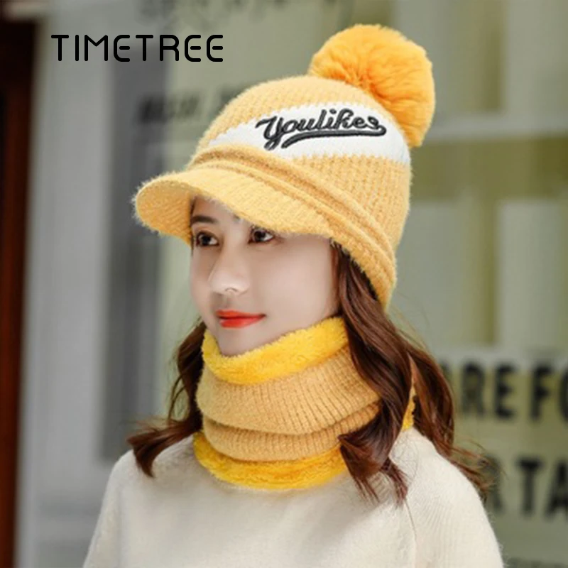 Зимний теплый шарф из двух частей плюшевая утепленная женская шапка облегающие