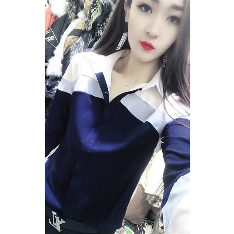 

New design of spring dress color contrast shirt women's long sleeve loose Chiffon bottom coat