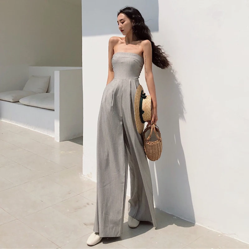 

GOOHOJIO 2020 New Autumn Vintage Jumpsuits Women High Waist Solid Color Women Jumpsuit Wide Legs Loose Temperament Ladies Pant