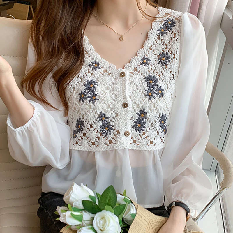 

Long Sleeve White Blouse Women Blusas Mujer De Moda 2022 V-Neck Lace Chiffon Blouse Shirt Tops Women Blouses Femme Shirts F35