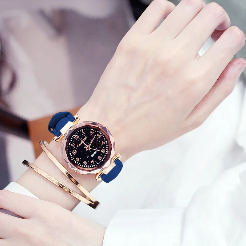 Женские кварцевые часы с циферблатом в виде звездного неба розовое золото