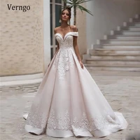 verngo pastel light pink satin a line wedding dress off the shoulder short sleeves lace applique pearls corset bridal gownss