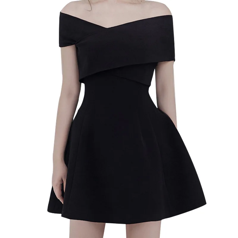 

Elegant temperament sexy careful machine skirt slim 2019 summer new female one-word collar off-the-shoulder black dress