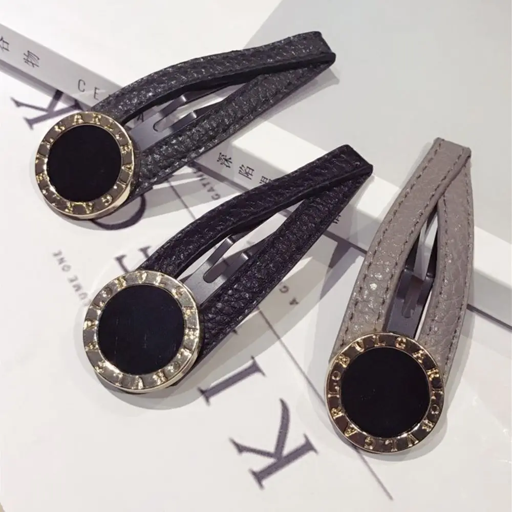 

Fashion Women Girls Vintage Leather Hair Clip Metal Round Barrettes Hairpin Solid Color BB Clip Hair Accessories Simple Hairpins