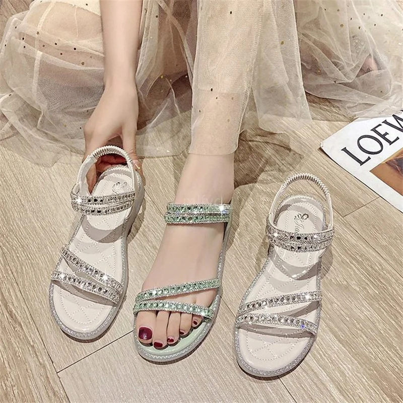 

Fairy style sandals women 2021 new summer soft bottom diamond green small fresh and comfortable roman shoes women sandals shoes