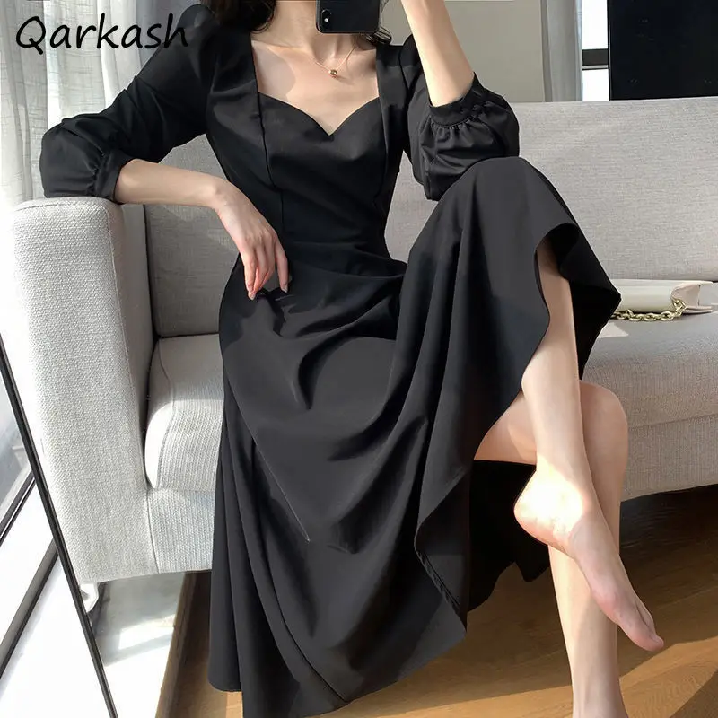 

Платье женское средней длины с длинным рукавом, модный элегантный приталенный силуэт, черный однотонный квадратный воротник, в стиле ретро,...