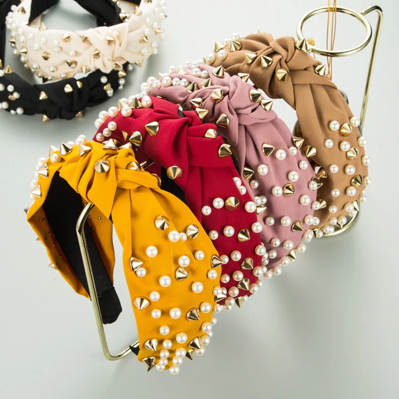 

New Fashion Women Hair Accessories Wide Side Headband Mix Pearls Baroque Hairband For Adult Center Knot Headwear Wholesale