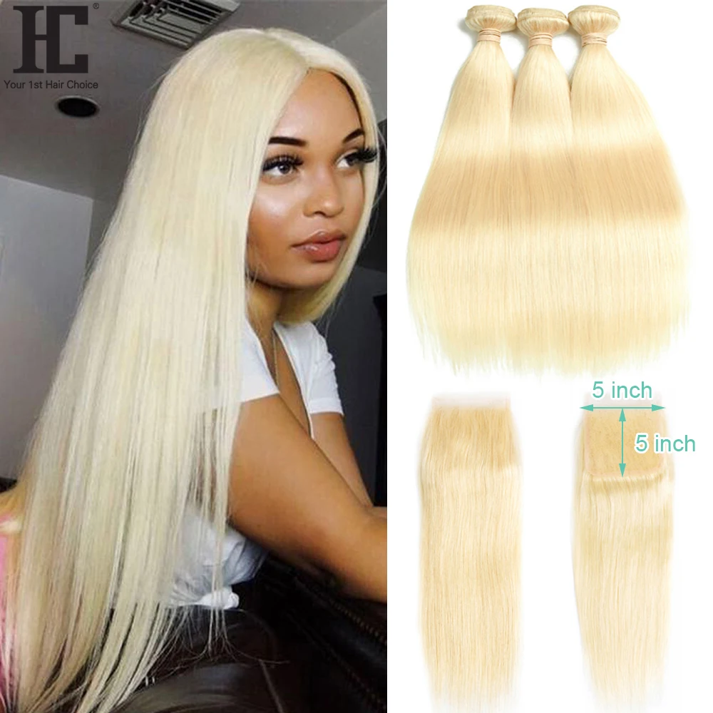 613 Bundles With 5x5 Closure Brazilian Straight Human Hair Weave Blonde Bundles With Closure Lace Closure With 2 3 Bundles Remy