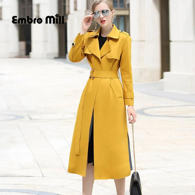 

Autumn Long Coat England Style Turn-down Collar long Sleeve fashion Belt Slim Woman Coat S-2XL
