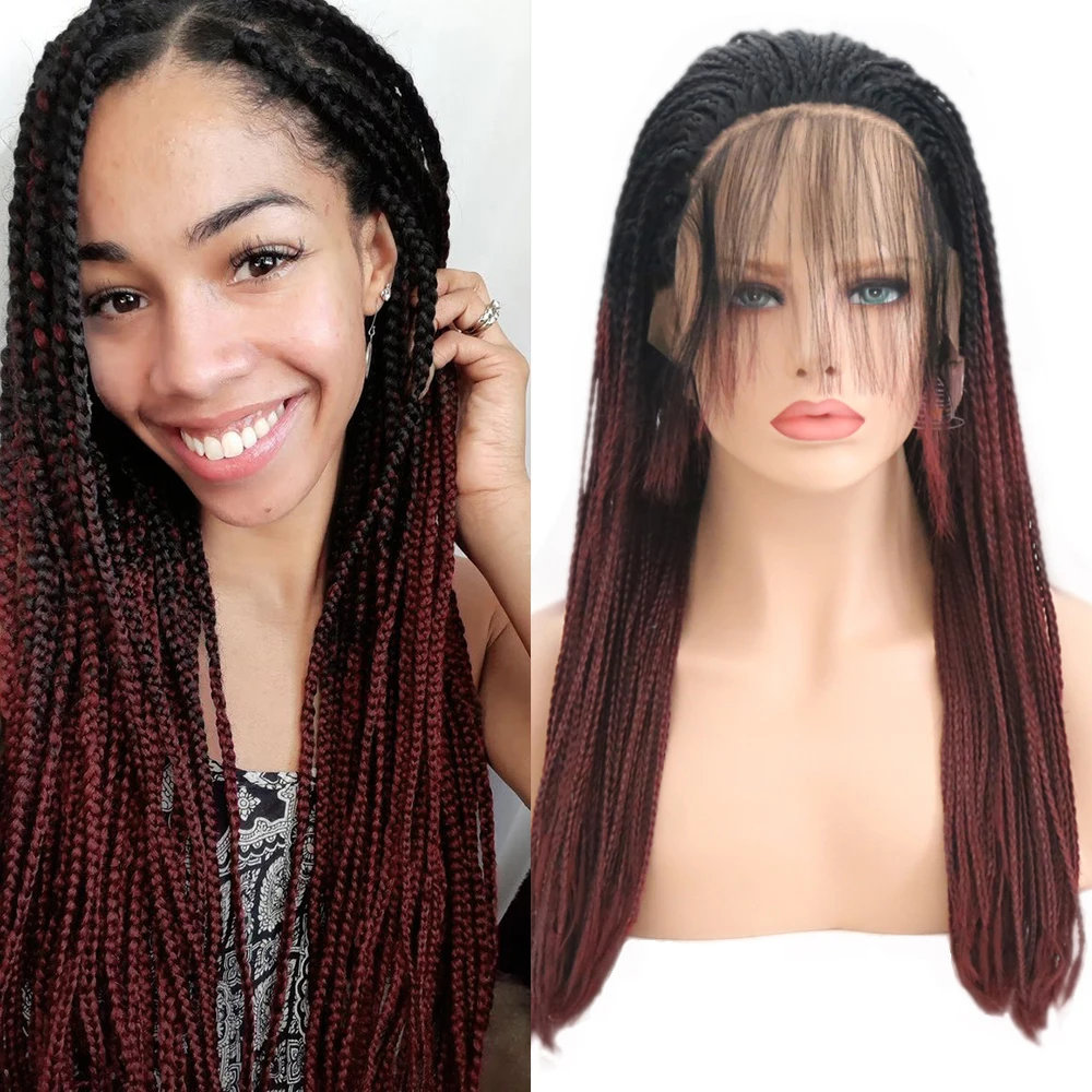 

AIMEYA Black Roots Ombre Red Box Micro Braided Lace Front Wigs for Black Women Half Hand Tied Long Briad Synthetic Lace Wig