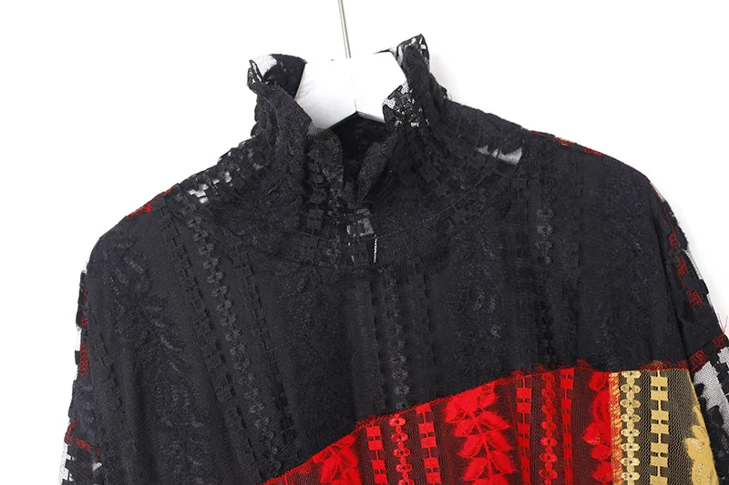 Контрастное цветное платье с длинным рукавом женское высоким вырезом свободные