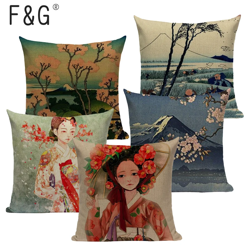 

Fashion Cotton Linen Village Style Ukiyo Series Luxury Decor Pillow Case 45x45Cm Square Headboard 1 Side Printing Cushion Cover