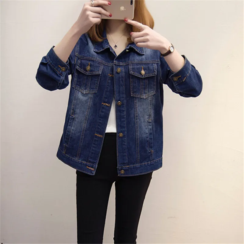 Женская джинсовая куртка весна-осень винтажная Короткая синяя с длинным рукавом