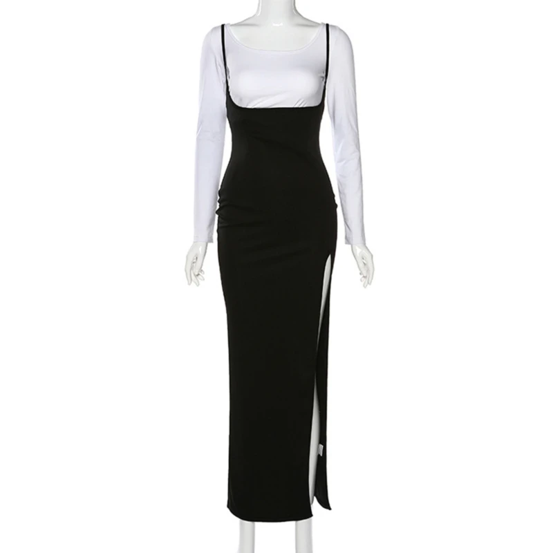 

Summer Ladies Sexy Black High Waist A-line Sling Cross Halter Skirt Female High Slit Self-cultivation Temperament Long Skirt