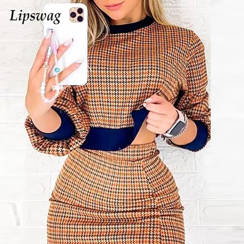 

Женский комплект из 2 предметов, свитшот с длинным рукавом и круглым вырезом и юбка в клетку, комплект из пуловера и юбки, весна 2022