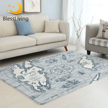 BlessLiving Compass Carpet for Bedroom World Map Anti-slip Floor Mat Blue Soft Area Rug Landscape Navigation Tapis Chambre 1pc 1