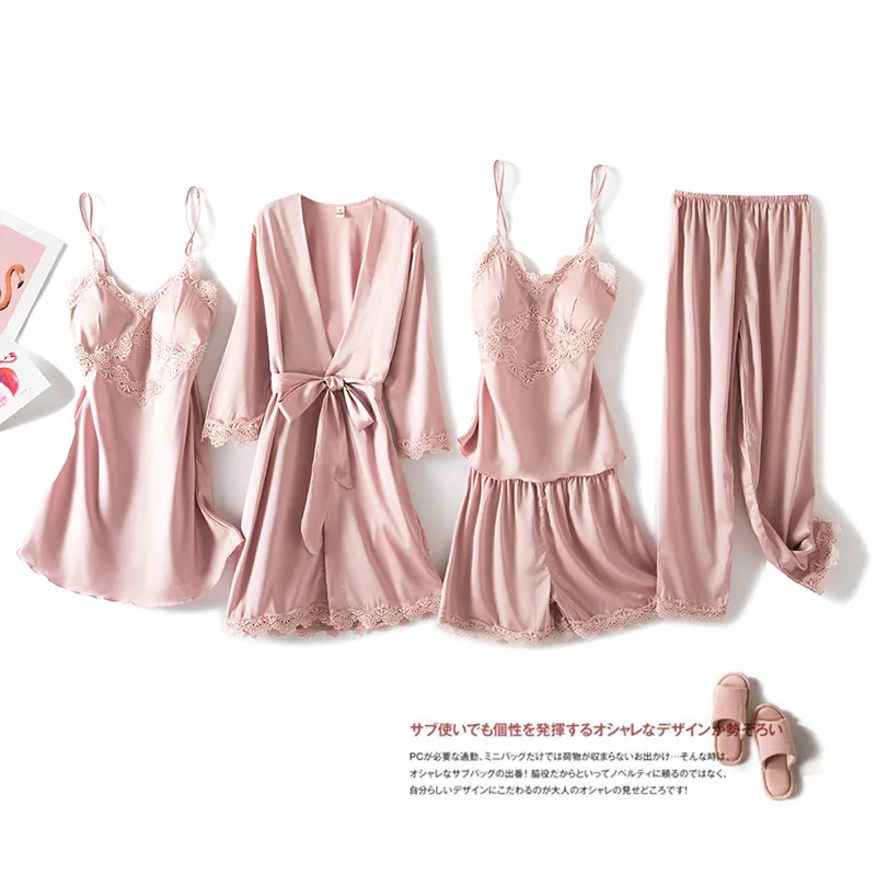 

Sexy Lace Pajamas Set Women Satin 5PCS Sleepwear Silky Sleep Set Female Kimono Gown Casual Pyjamas Suit Nightwear Home Clothes
