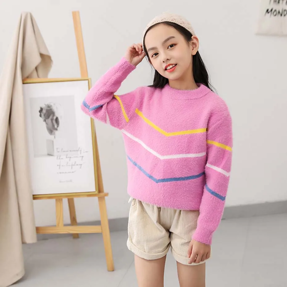 Свитер для девочек детский вязаный свитер в полоску джемпер с длинными рукавами