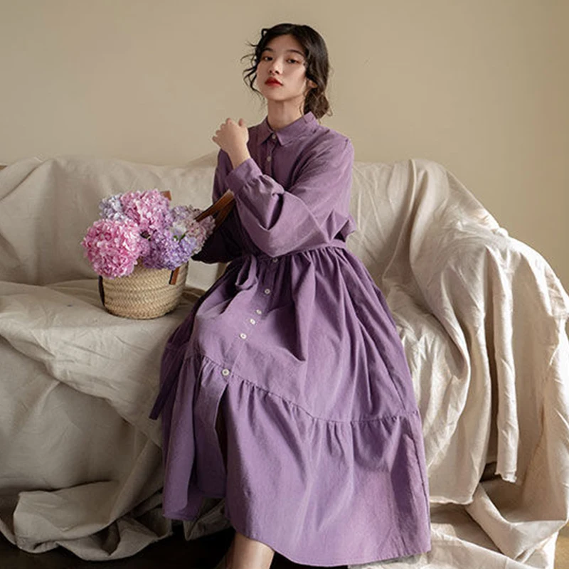 Женское вельветовое платье-рубашка на пуговицах с отложным воротником | Женская