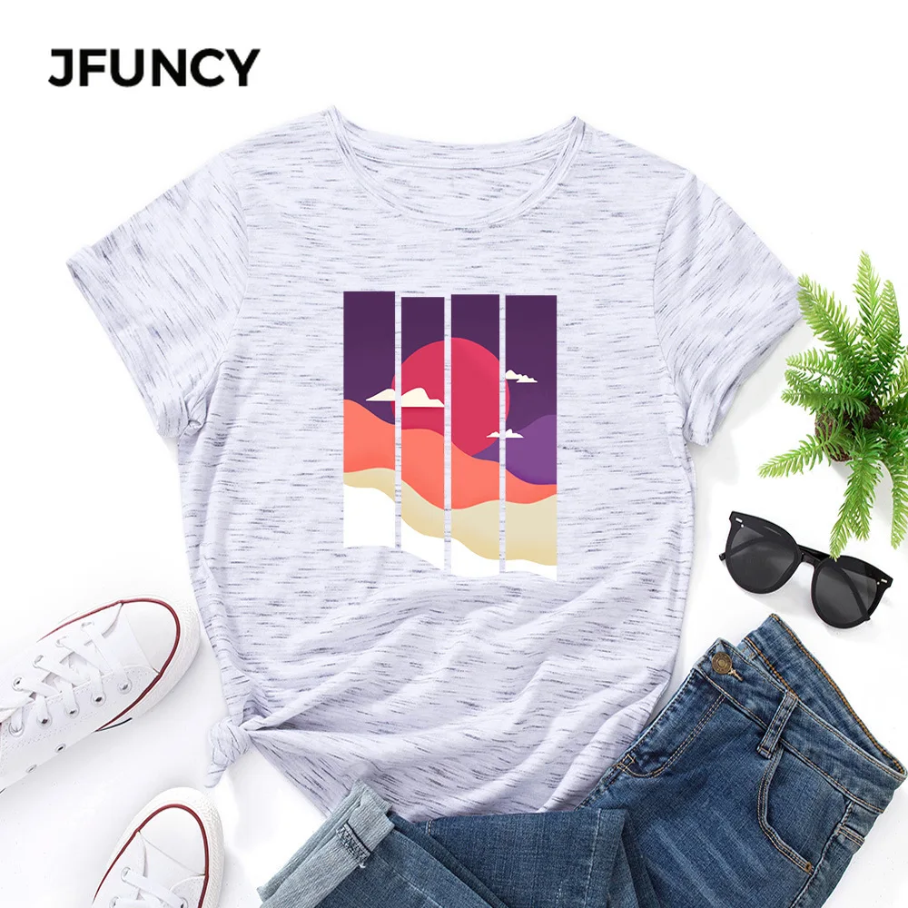 JFUNCY 5XL  Classic T-shirt Women Cotton Tee O-Neck Short Sleeve Tops Fashion Print Oversize Female Summer Loose Shirt
