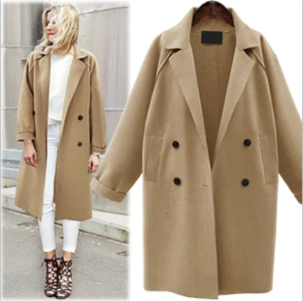 Light Khaki Новое модное женское Шерстяное Пальто осень-зима Европейский стиль большой размер длинное однотонное пальто Женская ветровка шерстяное пальто - Цвет: Light Khaki