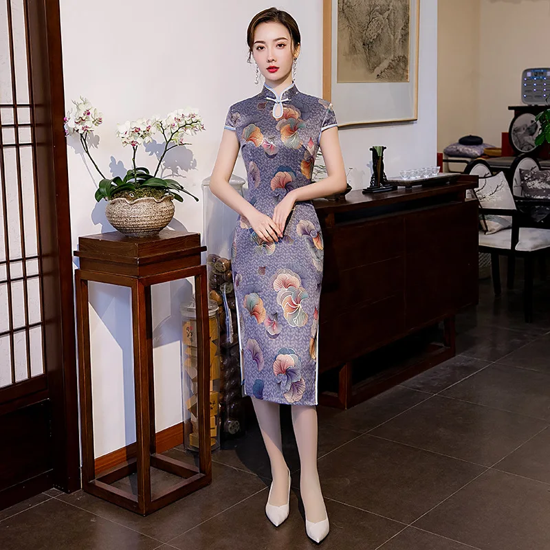 

BALDAUREN Sexy Mid-Length Slim Vintage Qipao Summer New Lady Printing Cheongsam Grace Short Sleeve Party Prom Gown Large Size