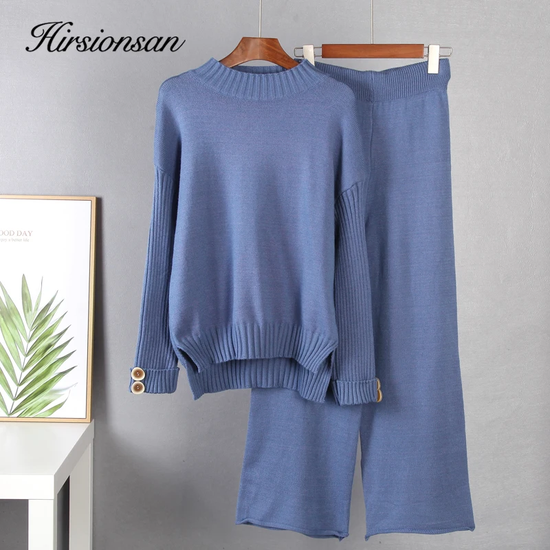 

Hirsionsan Soft Solid Knitted Women Tracksuit 2021 Button Sweater and Loose Pants Two Piece Sets Winter Female Outfits Pullovers
