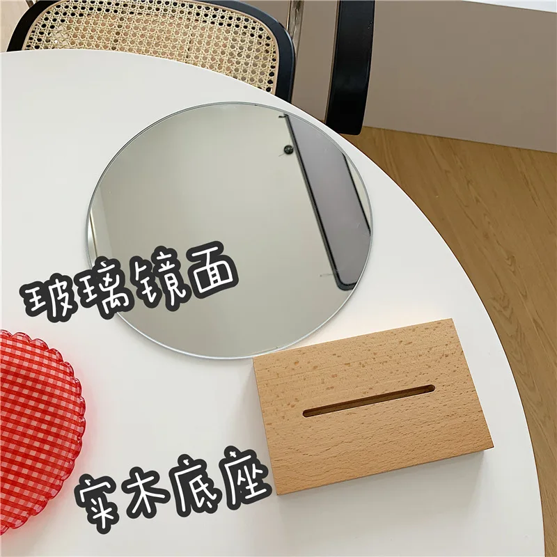 Homemade South Korea INS Celebrity Style Online Circle Glass Mirror with Solid Wood Base Desktop Photographic P | Красота и здоровье