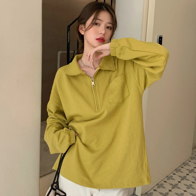 

2021 Hong Kong style solid color pocket polo collar sweatshirt women autumn loose long-sleeved shirt retro hoodie
