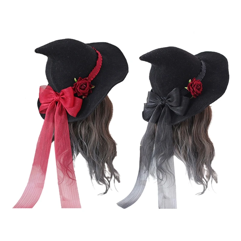 

Fashion Lolita Halloween Rose Big Bow Witch Hat Cosplay Halloween Gifts Dress Party Wide Brim Prop Head Ornament Women G5AE