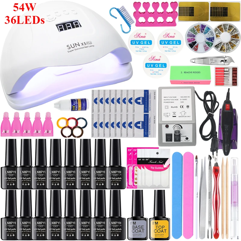 16/10 pcs Nail Gel Polish Set Kit 90/80/54/36W UV LED Lamp Manicure Set Nail Art Salon ForManicure Tools WIth Nail Drill Machine