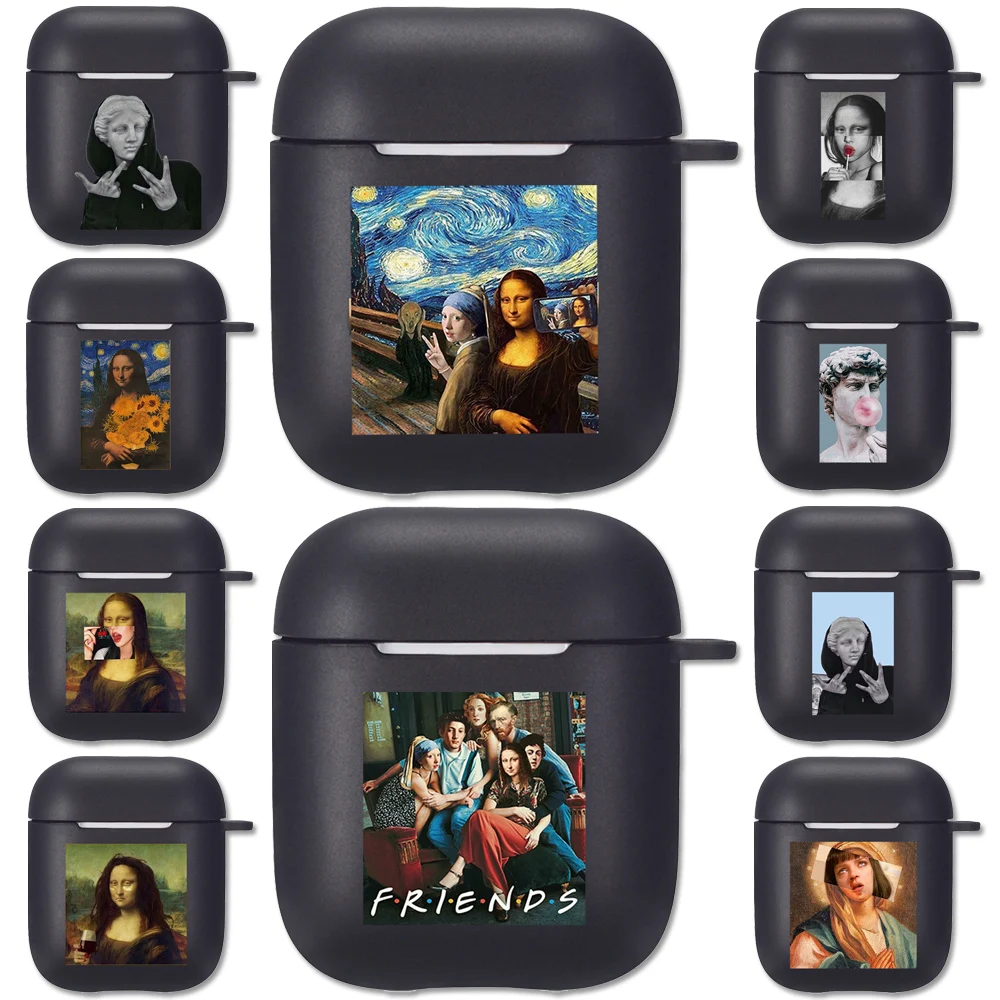 

Aesthetic Abstract Art Soft Black Case for AirPods 2 1 Mona Lisa David Statue Silicone Wireless Bluetooth Earphone Box Cover