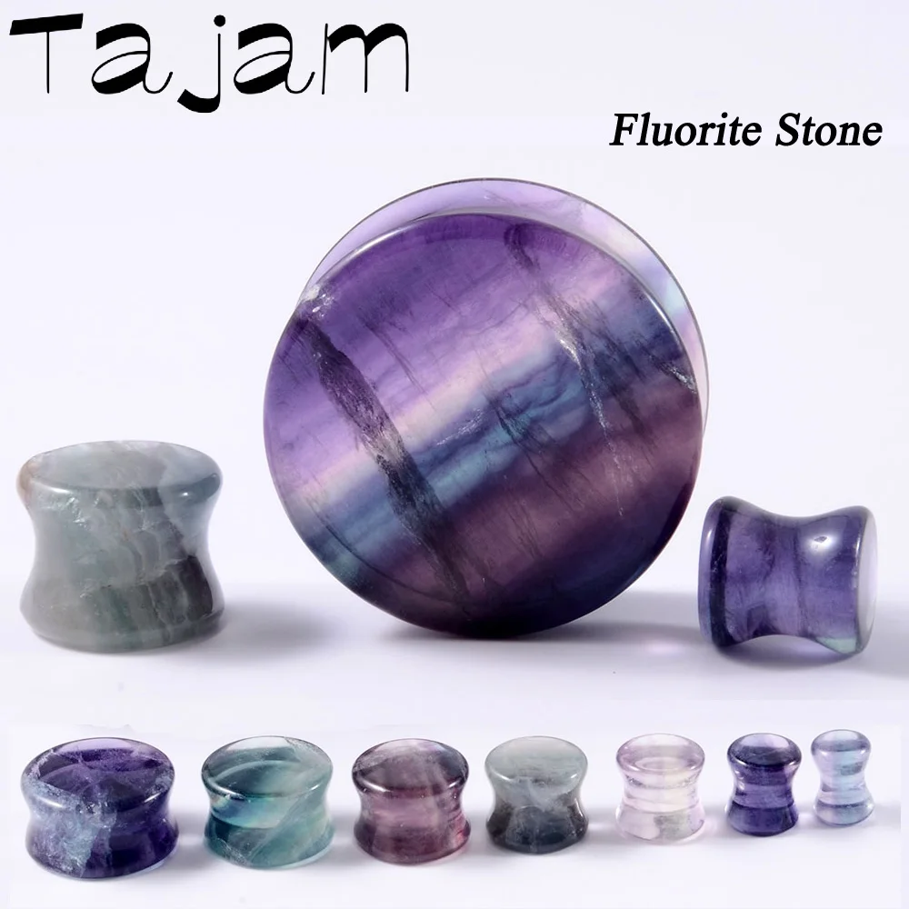 1Pair Natural Fluorite Stone Double Solid Flared Plug Ear Tunnel Gauge Aurora Stone Ear Expander Weight Body Piercing Jewel