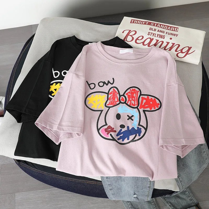 

2020 Summer Cartoon T Shirt Women 2020 Letter Printed Female White Tee Tops O-Neck Oversize Tees Short Sleeve Femme Shirt L0637