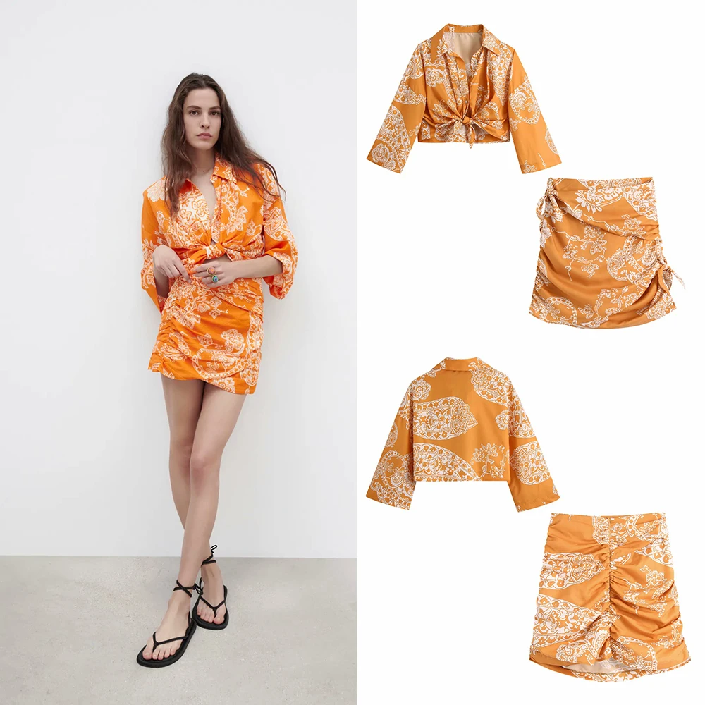 

Летняя Новинка 2021, Женский Топ Unizera в европейском и американском стиле с принтом узлов + мини-юбка с высокой талией