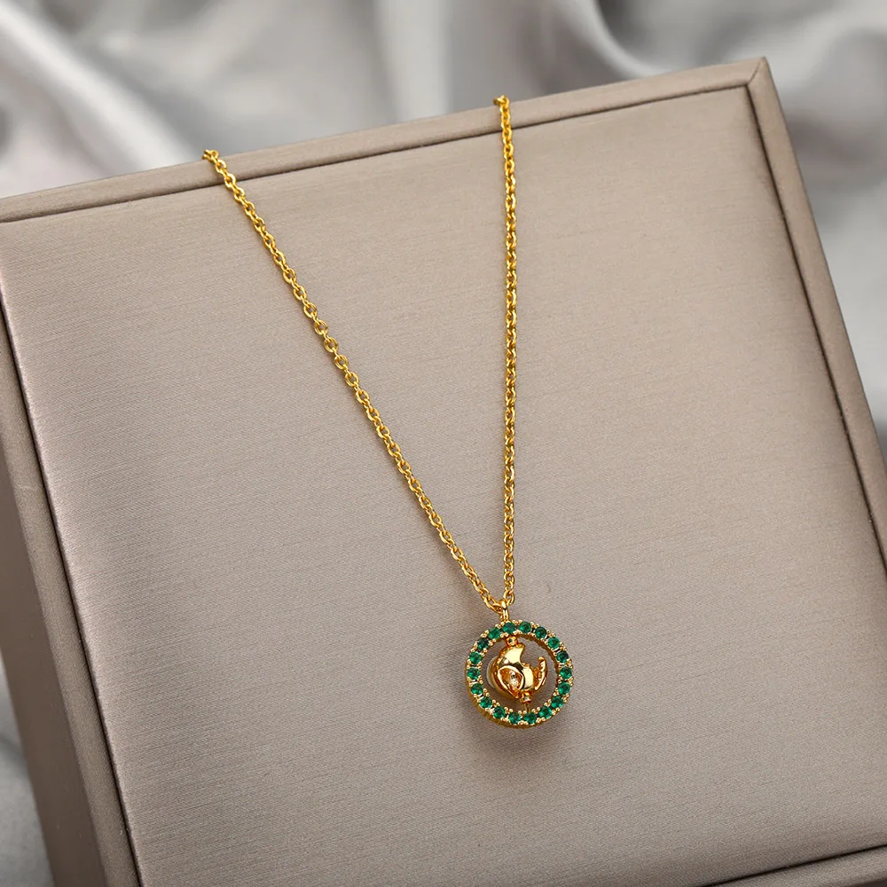 Green Zircon Rotatable Globe Bead Pendant Necklace for Women Men Stainless Steel Gold Chain Goth Aesthetic Choker Jewelry Gifts | Украшения